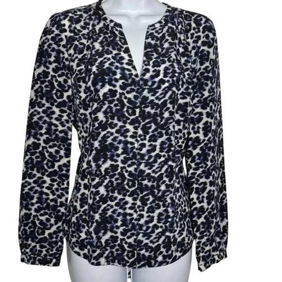 Rebecca Taylor size 2 blue leopard print silk blouse long sleeves - Picture 8 of 9